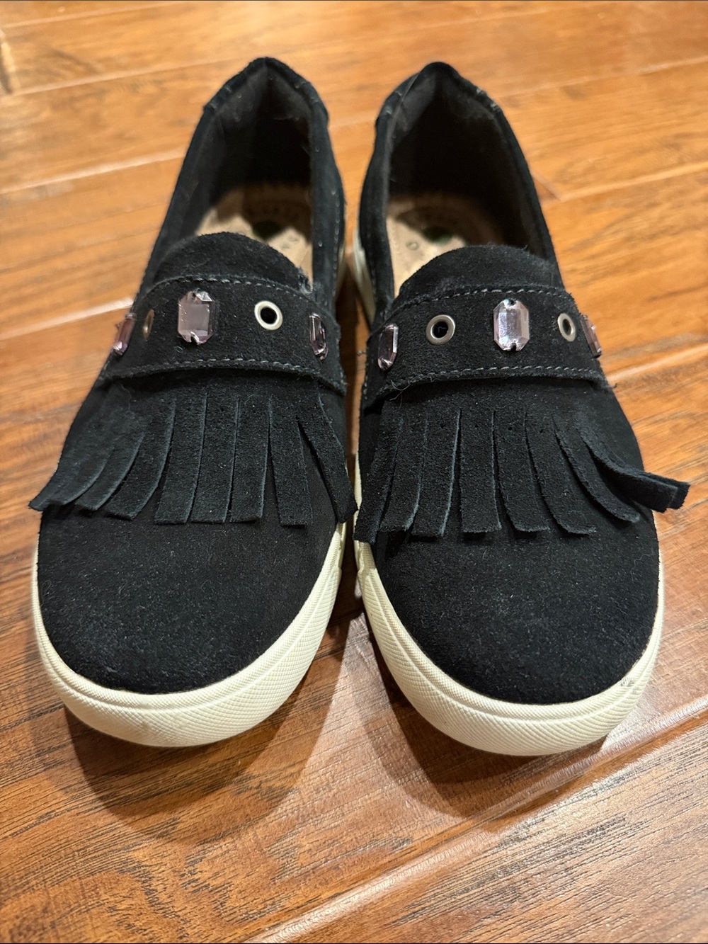 Earth Origins Black Suede Fringe Slip-On Shoes with Gem Detail 8.5